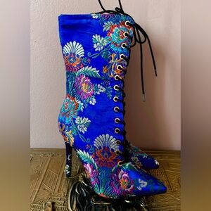 Anne Michelle Women's Embroidered Royal Blue Floral Satin Boots